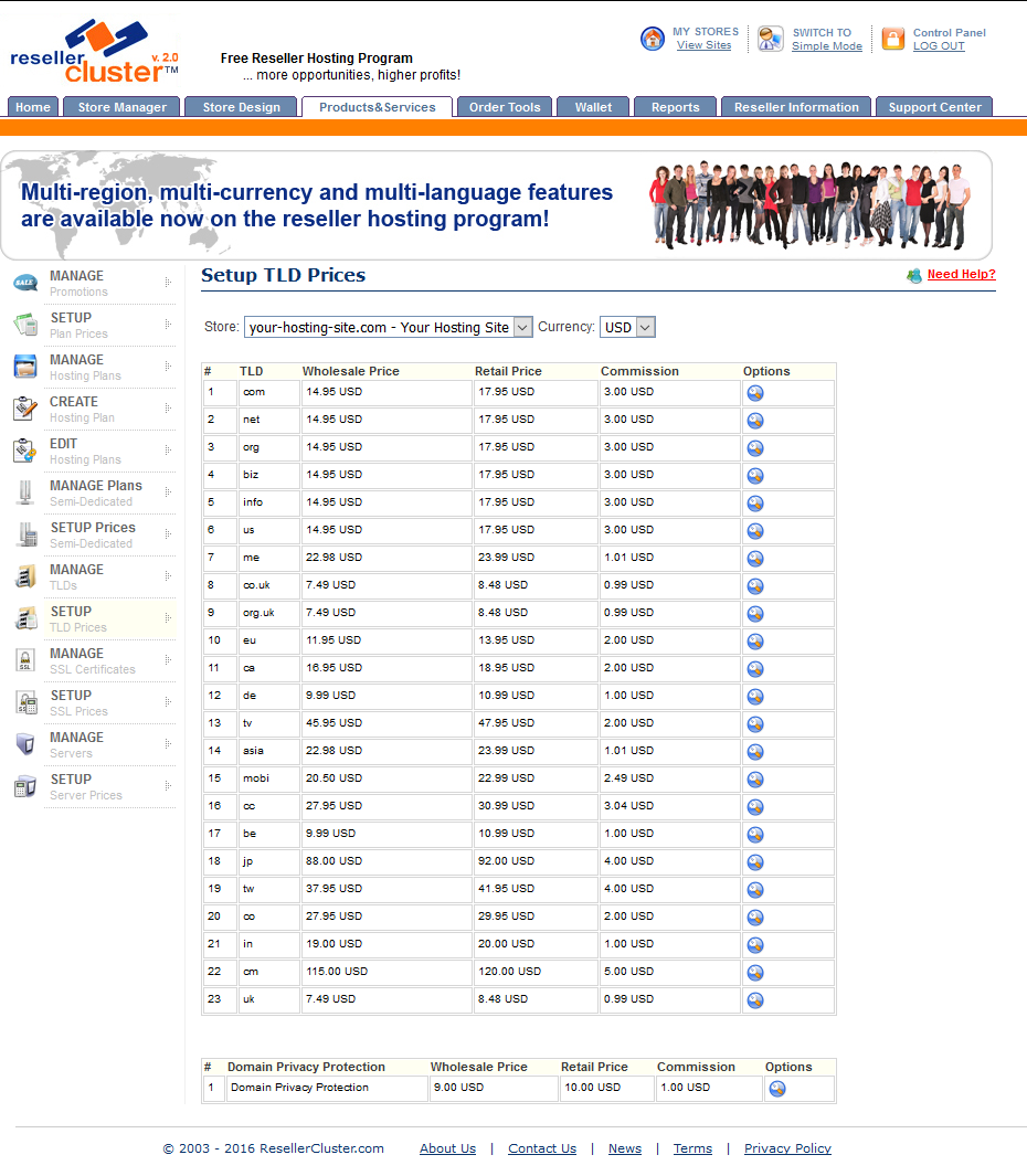 Screenshot of Setup Reseller TLD Prices section